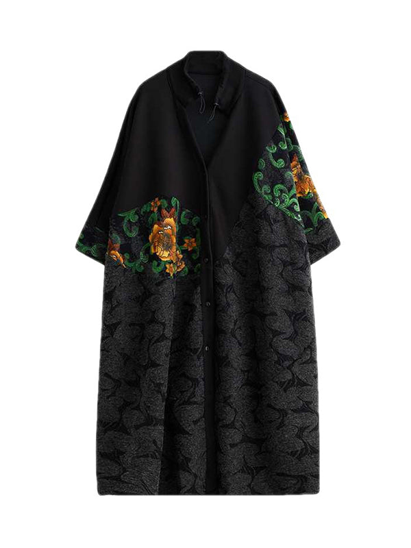 Buttoned Drawstring Flower Print Split-Joint Long Sleeves Loose Collarless Trench Coats