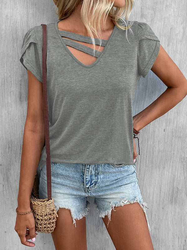 Solid Color Loose Short Sleeves V-neck T-Shirts Tops
