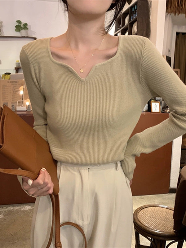 Colorful Solid Color Long Sleeves Skinny V-neck Sweater Tops Pullovers Knitwear