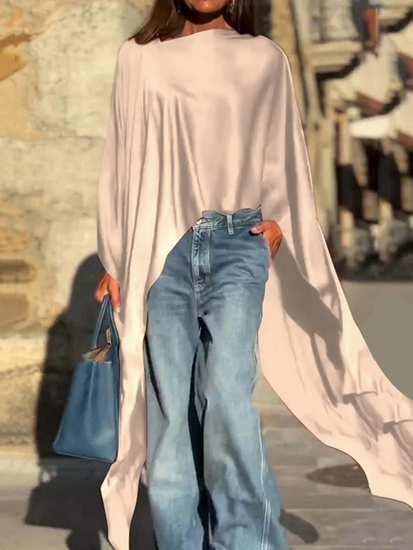 Solid Color Split-Joint Batwing Sleeves High-low Round-neck Blouses&shirts Tops
