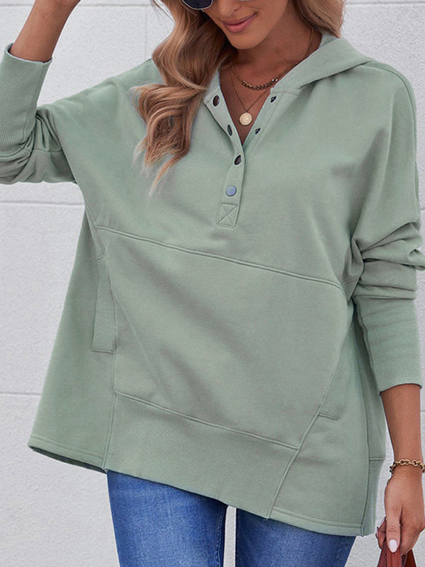 Buttoned Hooded Split-Joint Batwing Sleeves Long Sleeves V-Neck Hoodies Tops