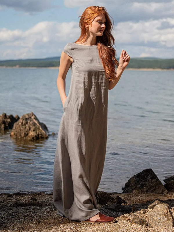 Simple Gray Ramie Cotton Cap Sleeve Maxi Dress