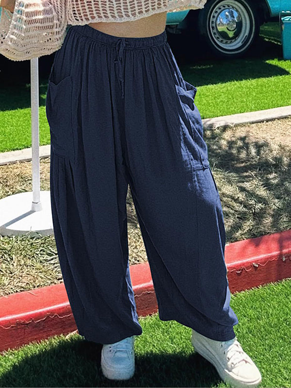 Drawstring Elasticity Pleated Pockets Solid Color High Waisted Loose Trousers Ninth Pants