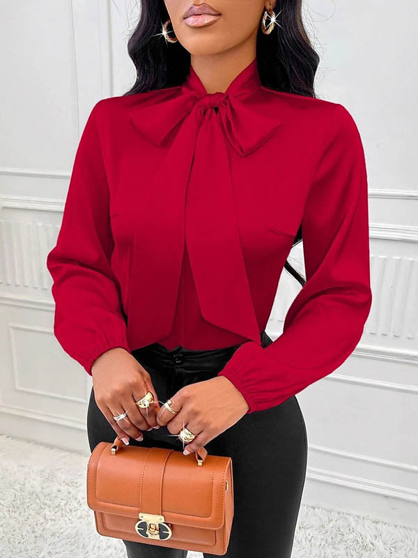 Bow-Embellished Pleated Solid Color Split-Joint Long Sleeves Loose Scarf Collar Blouses&Shirts Tops