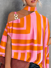 Asymmetric Chains Hollow Striped Batwing Sleeves Loose Asymmetric Collar T-Shirts Tops