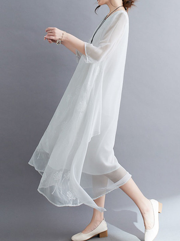 Gauze Split-Joint Loose Three-Quarter Sleeves Round-Neck Midi Dresses