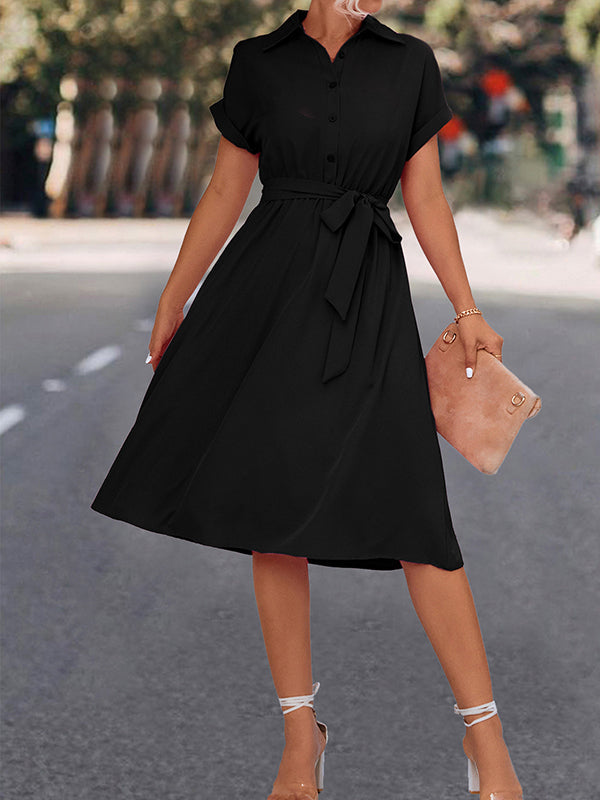 Buttoned Solid Color Tied Waist A-Line High Waisted Lapel Collar Shirt Dress Midi Dresses