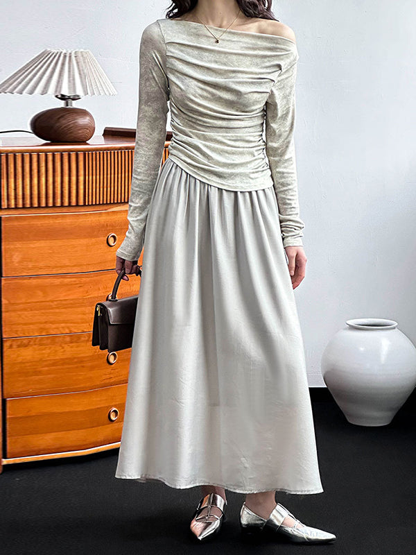 Elasticity Pleated Solid Color Split-Joint A-line High Waisted Skirts Bottoms