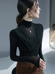 Asymmetric Mesh See-Through Shiny Split-Joint Long Sleeves Skinny Half Turtleneck Blouses&shirts Tops