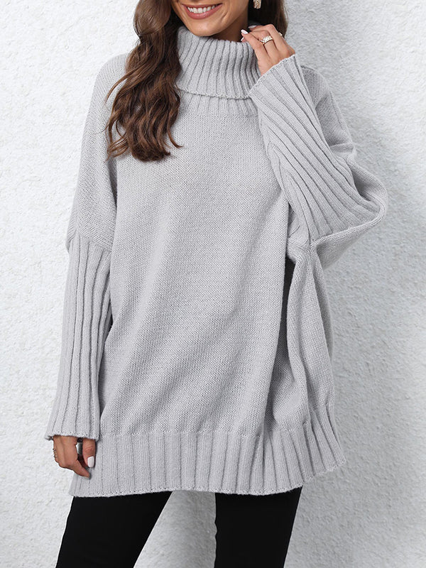 Pleated Solid Color Split-Joint Long Sleeves Loose High Neck Sweater Tops
