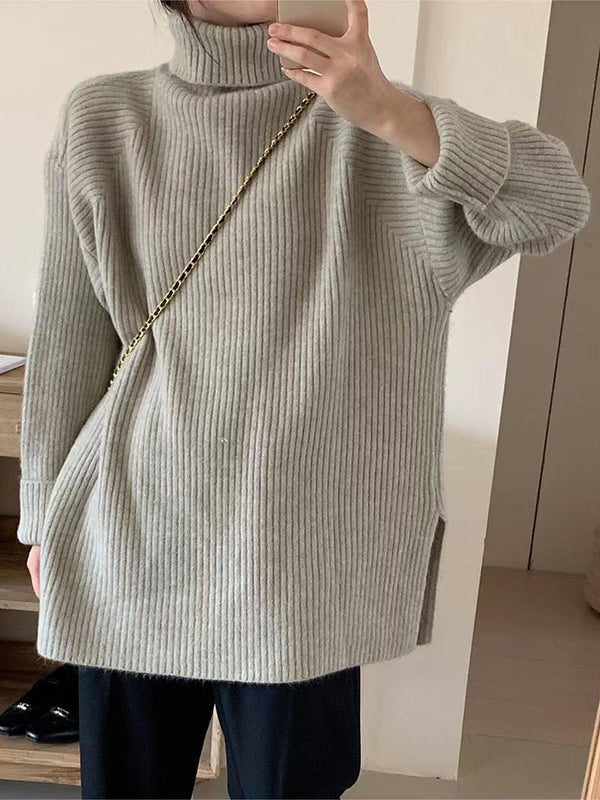 Solid Color Split-Joint Split-Side Long Sleeves Loose High Neck Sweater