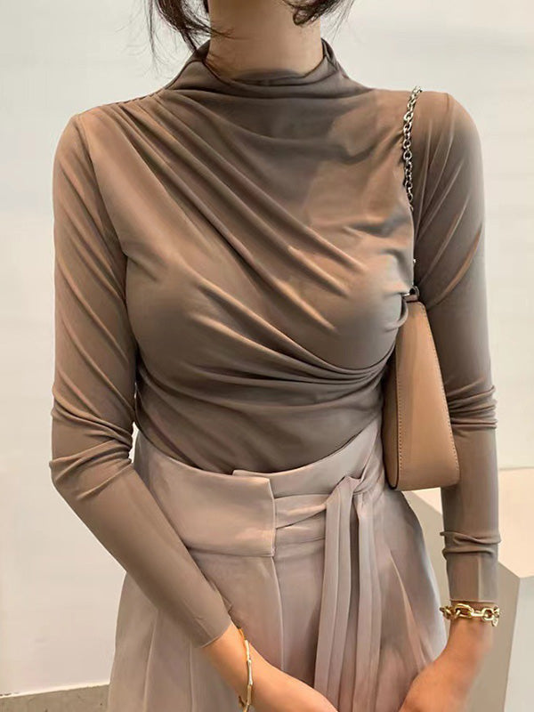 Pleated Solid Color Long Sleeves Skinny Mock Neck T-Shirts Tops