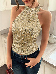 Skinny Sleeveless Backless Sequined Shiny Halter-Neck Tank Top
