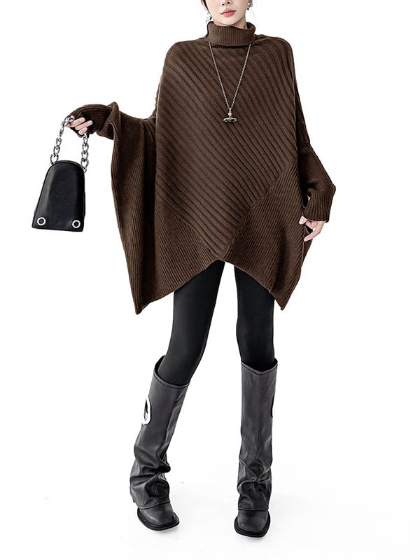 Asymmetric Ribbed Knit Solid Color Split-Joint Batwing Sleeves Irregularity High Neck Sweater Tops