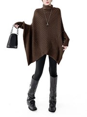 Asymmetric Ribbed Knit Solid Color Split-Joint Batwing Sleeves Irregularity High Neck Sweater Tops