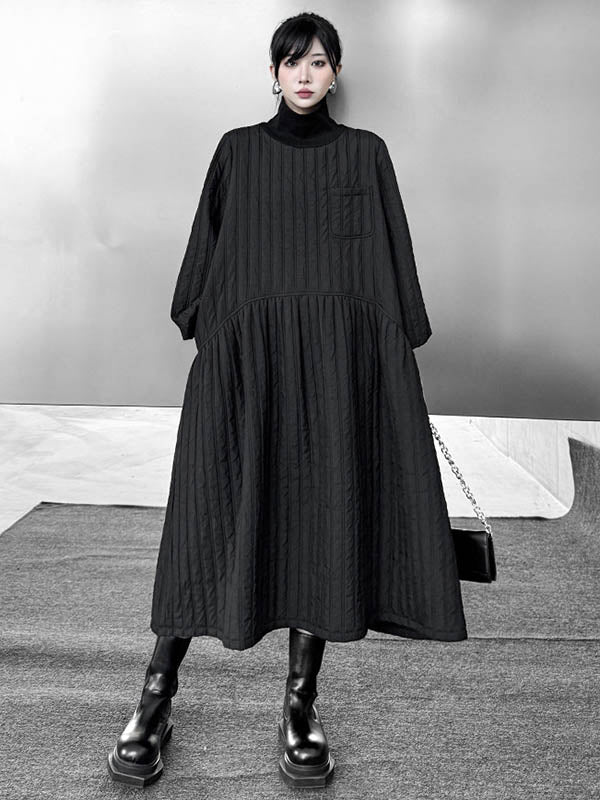 Embossed Pockets Quilted Solid Color Split-Joint A-Line Long Sleeves High Neck Sweater Dresses Midi Dresses