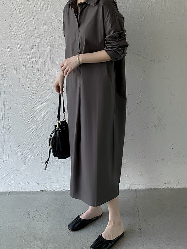 Urban Loose Solid Color Lapel Collar Shirt Midi Dresses