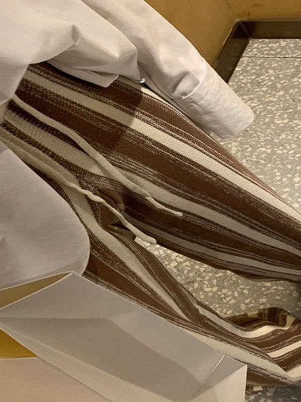 Casual Wide Leg Loose Drawstring Striped Pants