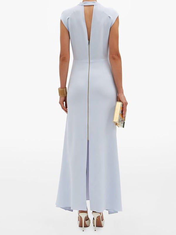 Hollow Pockets Solid Color Split-back Tied Zipper A-line Bodycon Cold shoulder Midi Dresses