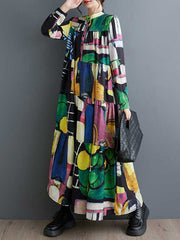 Buttoned Printed Split-Joint Long Sleeves Loose Round-Neck Midi Dresses