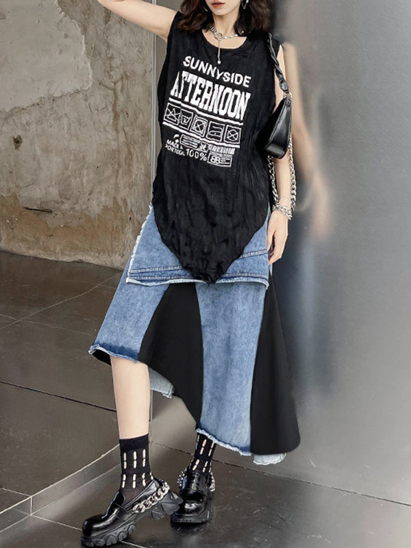 Asymmetric Contrast Color Fringed Pleated Split-Joint Skirts