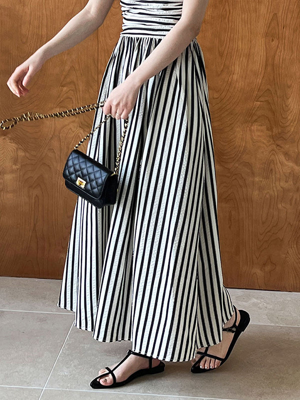 Pleated Split-Joint Striped Loose Sleeveless Spaghetti-Neck Midi Dresses