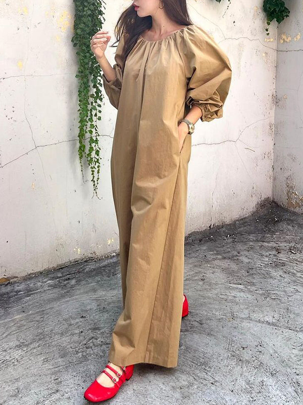 Elasticity Pleated Pockets Solid Color Long Sleeves Loose Round-neck Jumpsuits