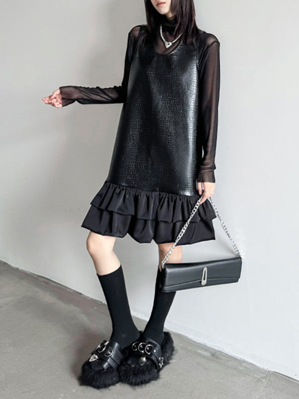 Pleated Split-Joint A-Line Loose U-Neck Mini Dresses