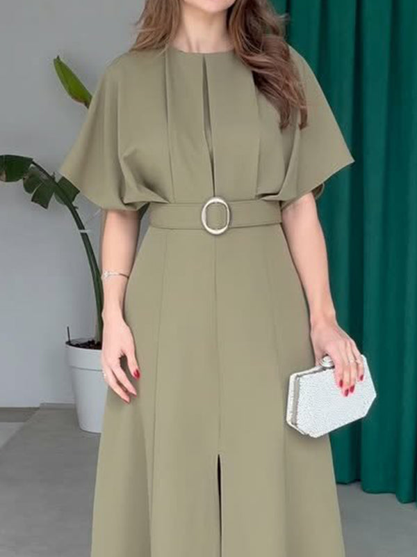 Loose Raglan Sleeve Pleated Split-Front Split-Joint Tied Waist Round-Neck Maxi Dresses