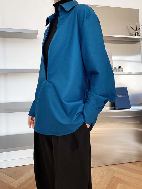 Solid Color Long Sleeves Loose Lapel Blouses