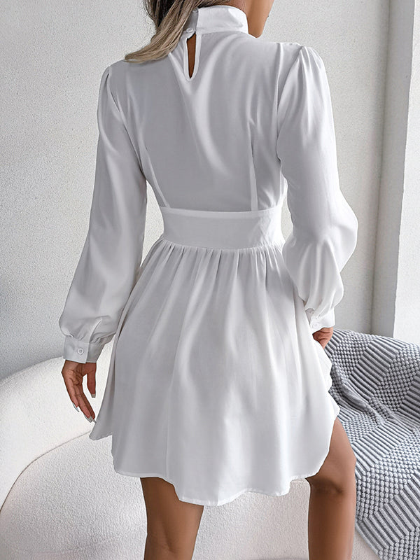 Hollow Solid Color Zipper A-Line Elasticated Waist Half Turtleneck Mini Dresses