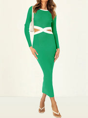 Hollow High Waisted Long Sleeves Round-Neck Midi Dresses