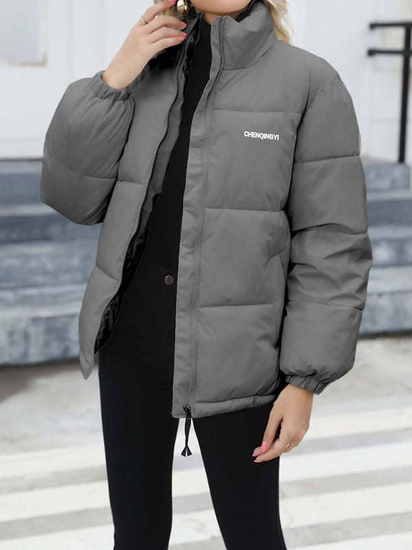 Keep Warm Quilted Solid Color Zipper Long Sleeves Loose High Neck Padded Coat