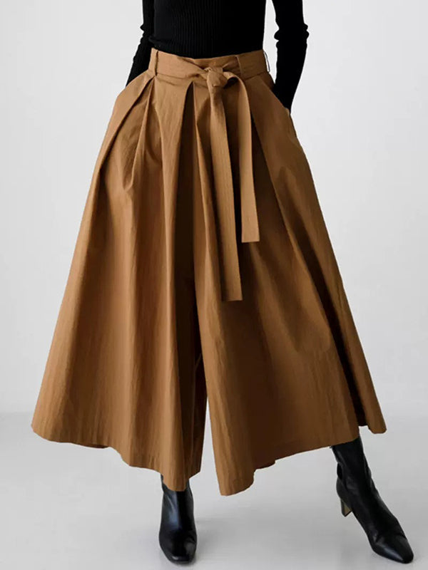 Pleated Solid Color Tied Waist High Waisted Loose Trousers Wide Leg Pants