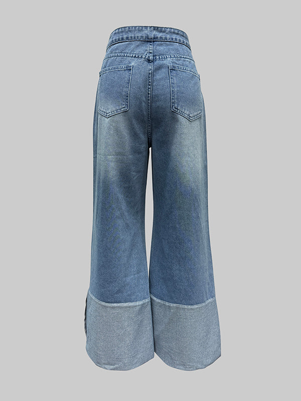 Contrast Color Pockets High Waisted Wide Leg Jean Pants Bottoms