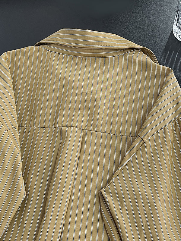 Asymmetric Split-Joint Striped Long Sleeves Loose Lapel Blouses