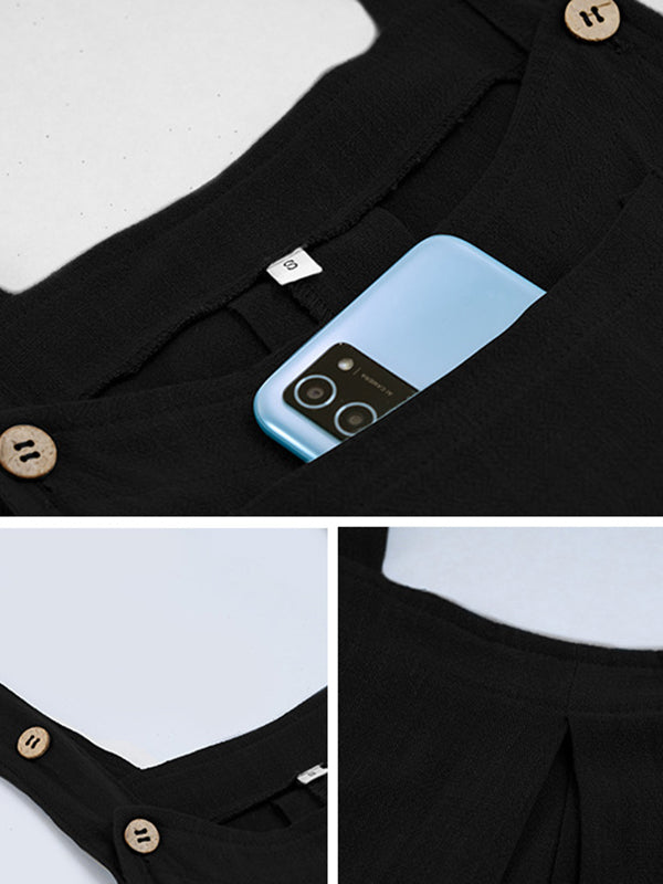 Pleated Pockets Split-Joint Loose Sleeveless Spaghetti-Neck Overalls