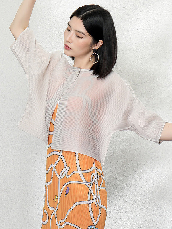Casual Loose Half Sleeves Pleated Solid Color Outerwear