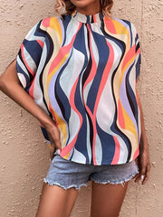 Pleated Printed Tied Batwing Sleeves Half Sleeves Mock Neck Blouses&Shirts Tops