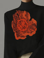 Flower Print Flared Sleeves Long Sleeves High Neck T-Shirts Tops