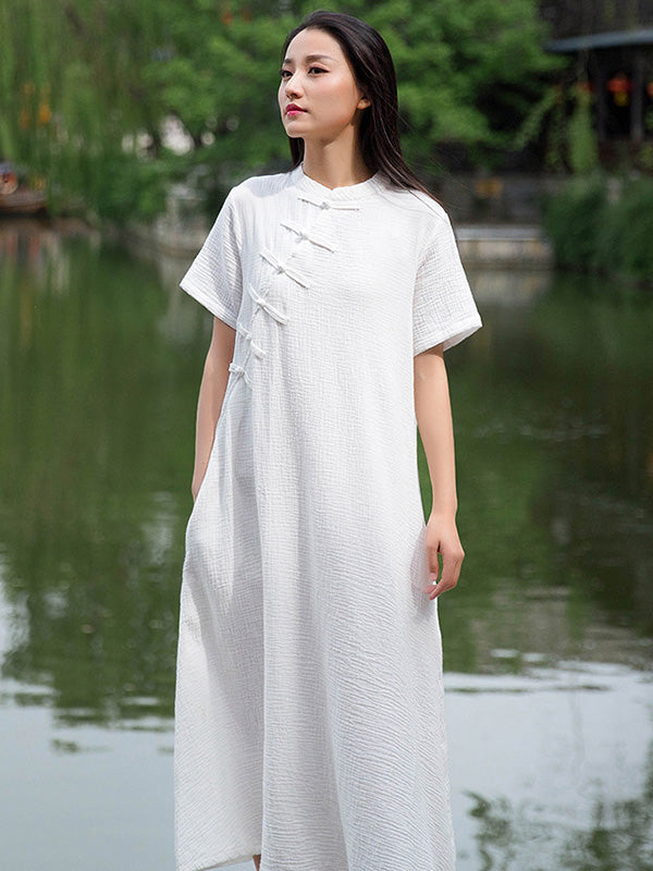 Frog Stand Collar Short Sleeve Loose Long Cheongsam