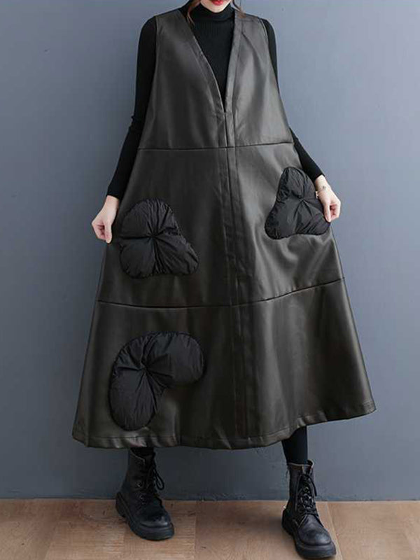 Flower-Embellished Split-Joint A-Line Loose V-Neck Midi Dresses