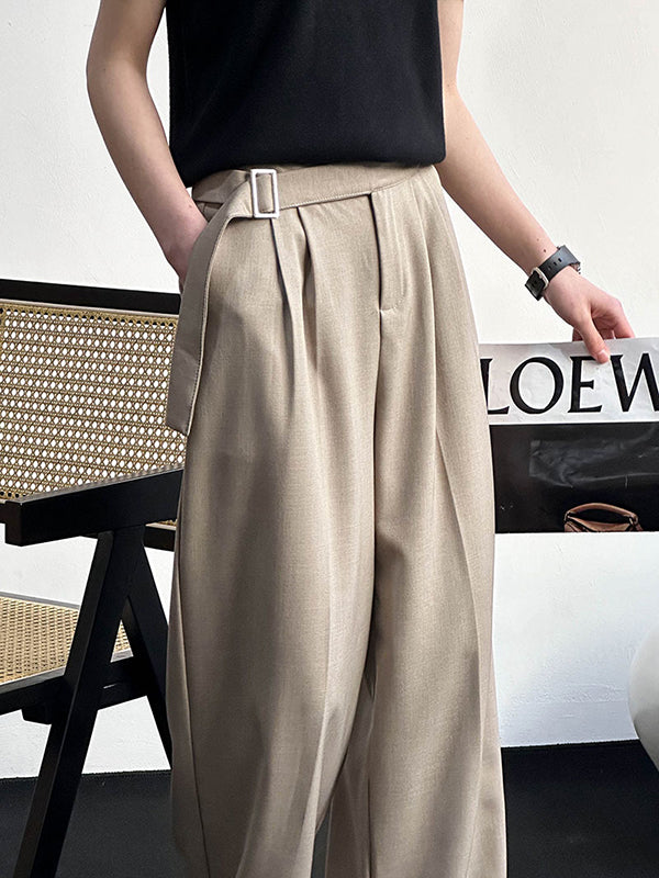 Belt Buckle Solid Color High Waisted Loose Trousers Suit Pants