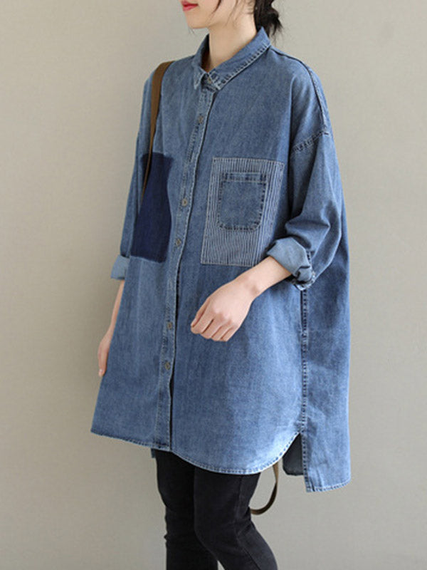 Asymmetric Buttoned Pockets Split-Joint High-Low Long Sleeves Lapel Blouses&Shirts Tops