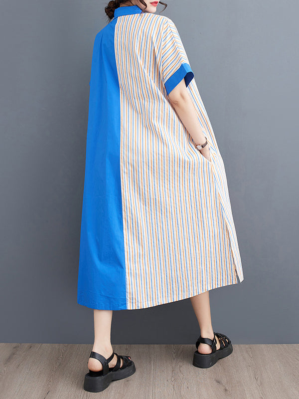 Asymmetric Split-Joint Striped Loose Short Sleeves Lapel Shirt Dress Midi Dresses