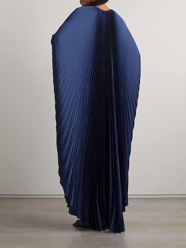 Batwing Sleeves Loose Pleated Solid Color Round-Neck Maxi Dresses