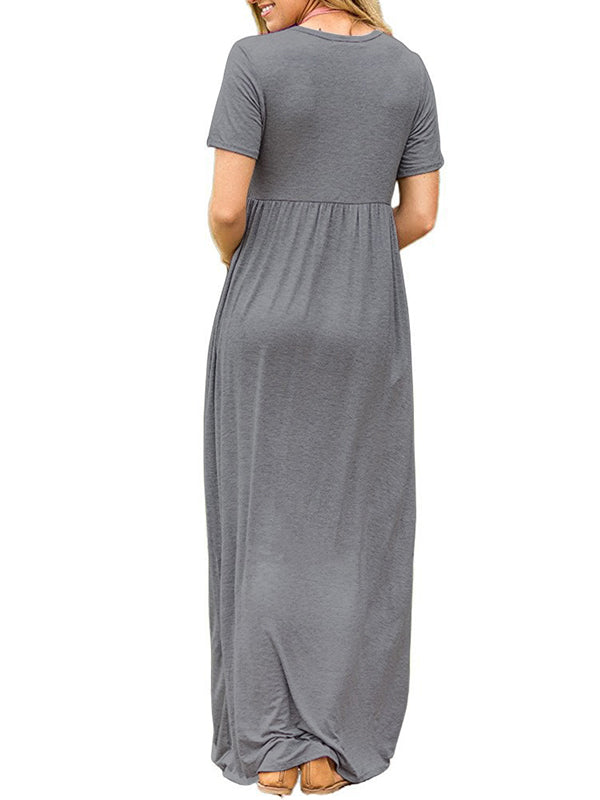 Pleated Pockets Solid Color Split-Joint High Waisted Short Sleeves Round-Neck Maxi Dresses