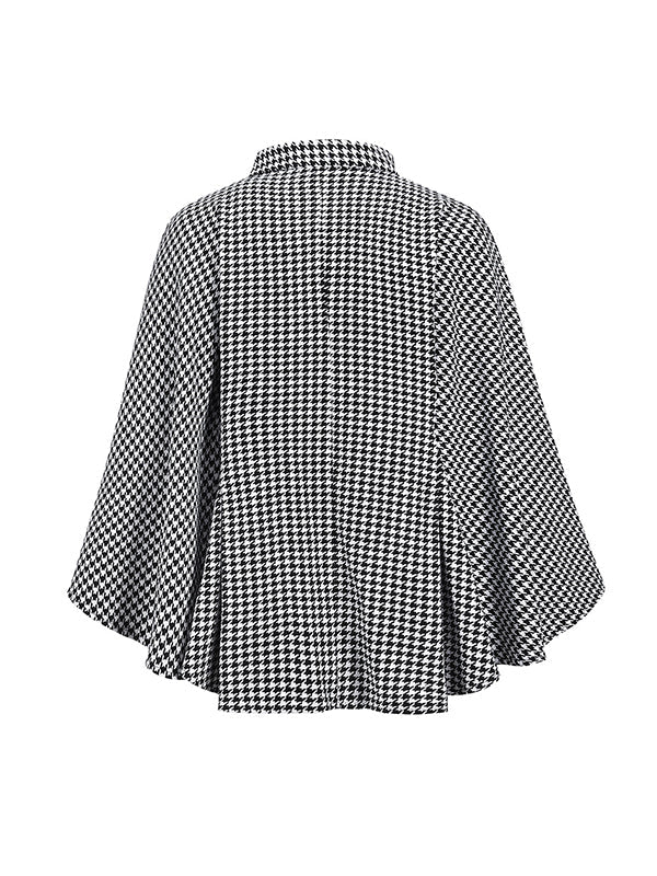 Houndstooth Tied Waist Batwing Sleeves Long Sleeves Stand Collar Outerwear Cape