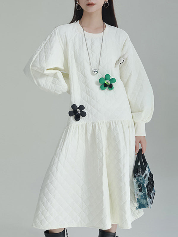 Pleated Quilted Split-Joint Long Sleeves Loose Round-Neck Midi Dresses