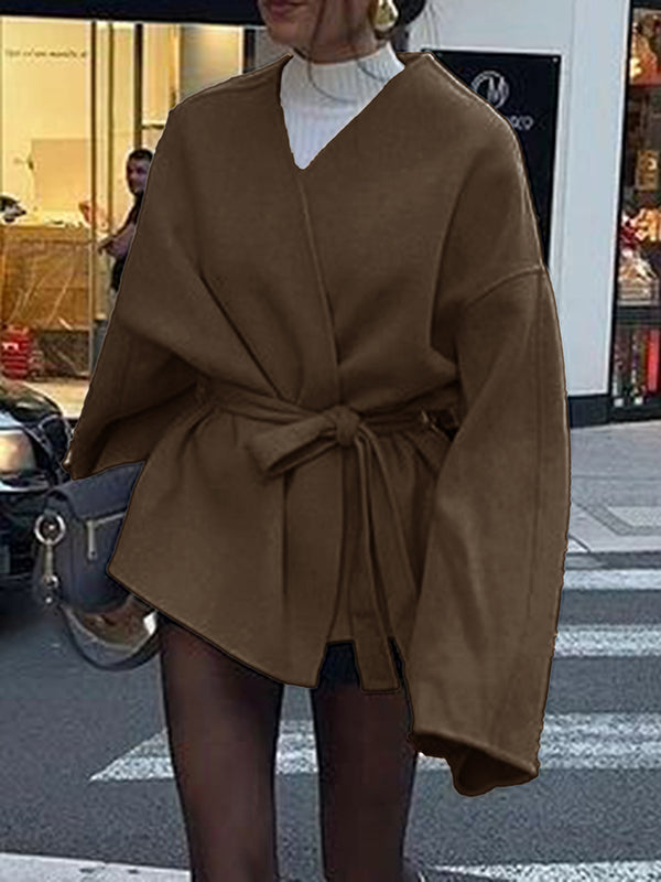 Solid Color Tied Waist Long Sleeves Loose V-Neck Outerwear